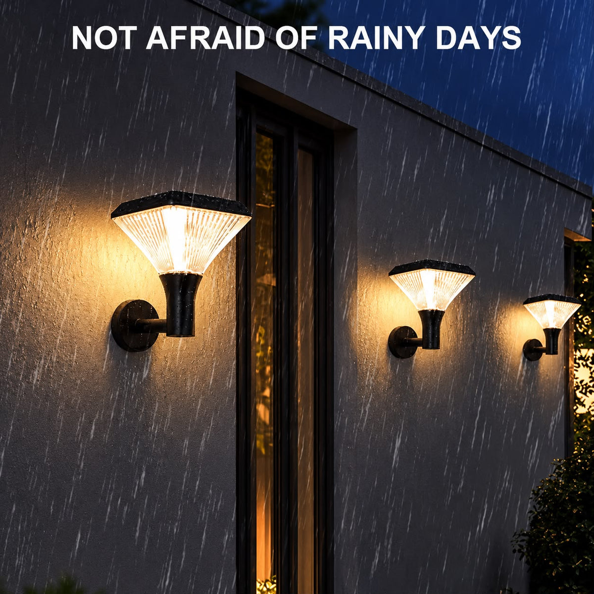 Illuminated solar wall lights shown in a rainy outdoor scene