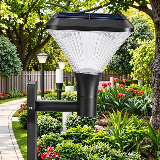 Black outdoor solar wall light in a landscaped garden