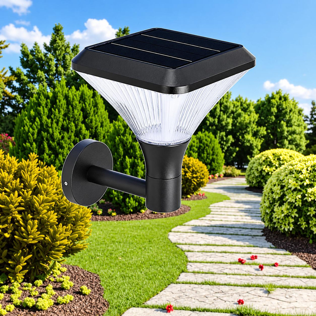 Solar wall light above a garden walkway