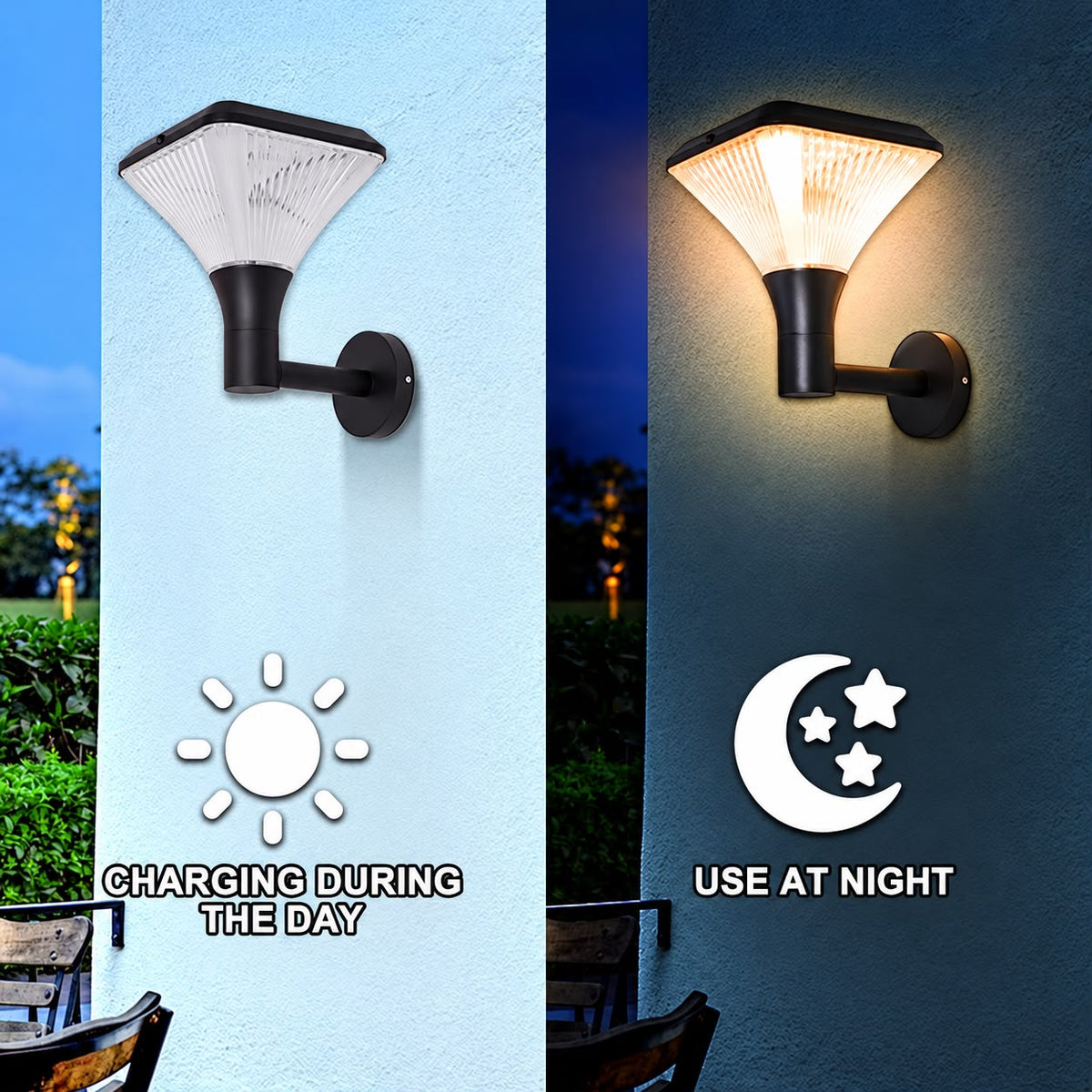 Solar wall light shown during the day and illuminated at night