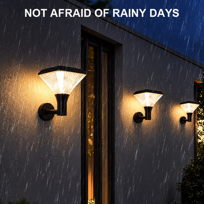 Illuminated solar wall lights shown in a rainy outdoor scene